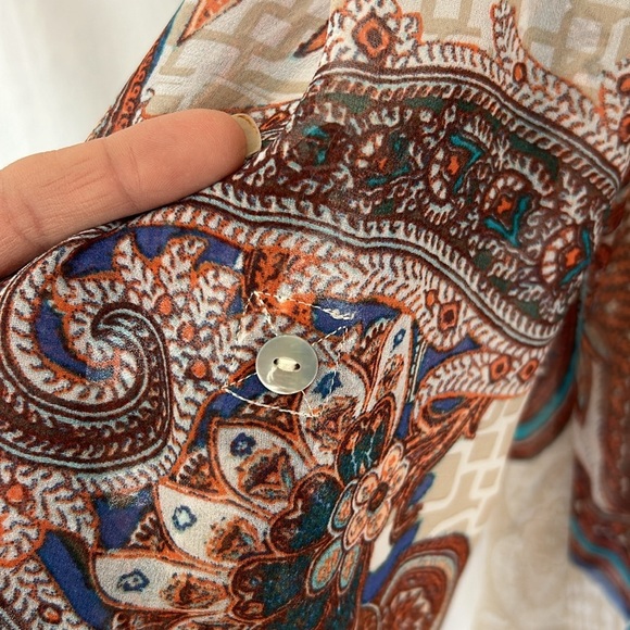 Chico’s 3/4 Sleeve Crème/Tan Paisley Print Blouse Sz 3 - Picture 7 of 14